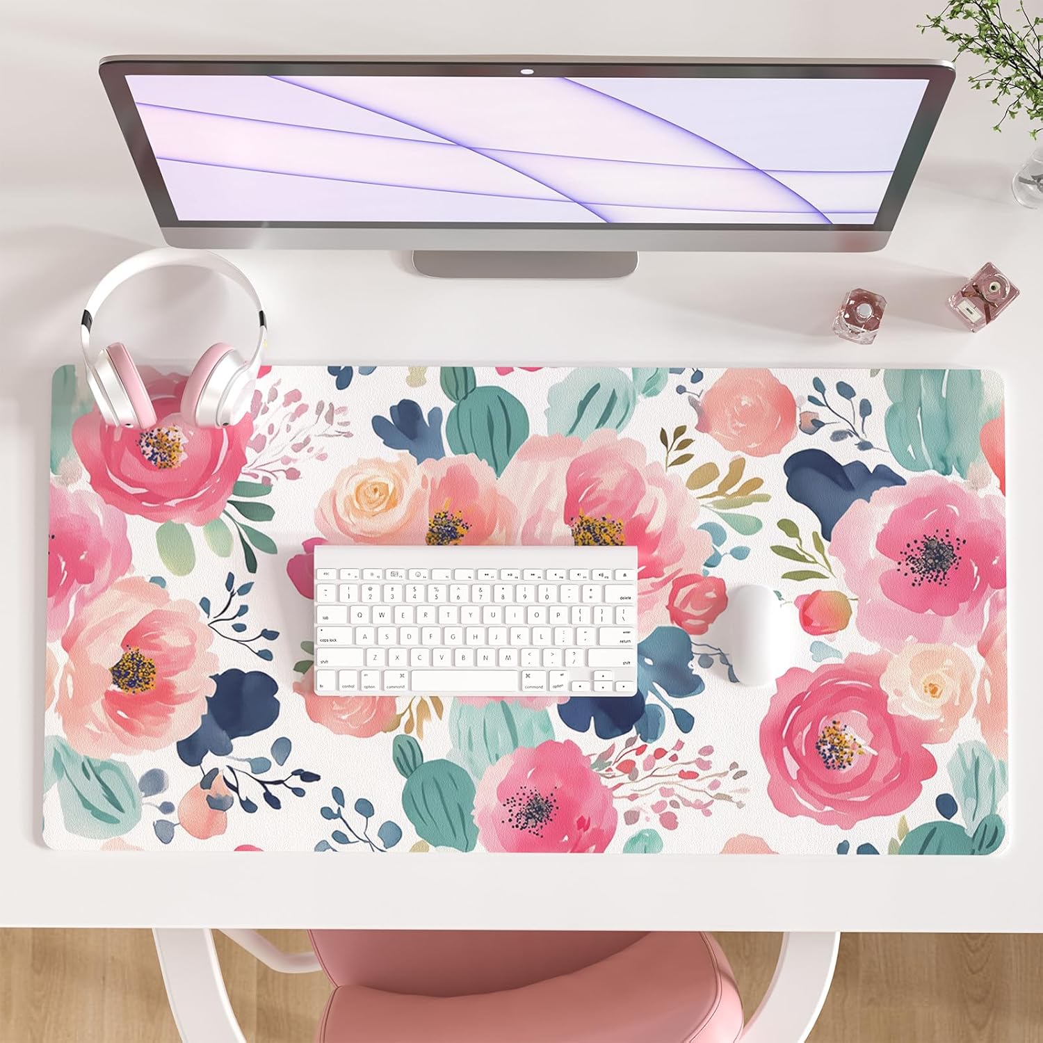 Large Mouse Pad Pink Floral De - Leather Desk Pad 리뷰 및 가격