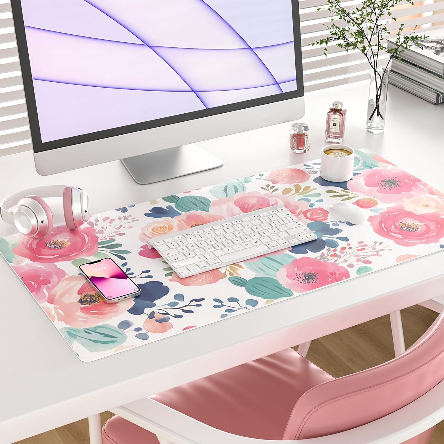 Large Mouse Pad Pink Floral De - Leather Desk Pad 리뷰 및 가격